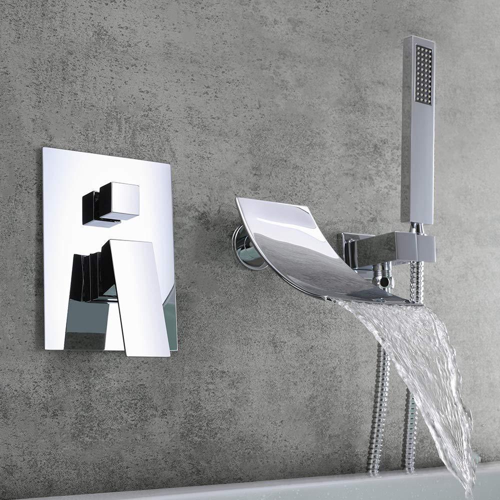 Waterfall Wall-Mount Tub Faucet with Handheld Shower Head Chrome Spout Bathtub Hand Solid Brass Wall Mount Filler for Bathroom