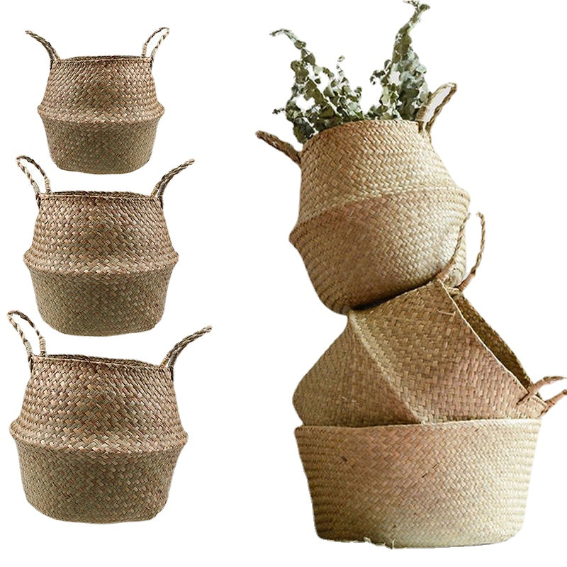 Garden Flower Pot Seagrass Belly Basket Storage Plant Pot Foldable Seeding Nursery Decoration Bag