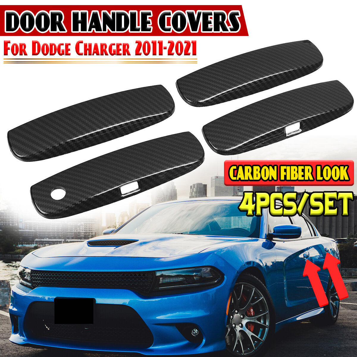 For Dodge Charger Carbon Fiber Look Door Handle Covers Overlays 4pcs/set