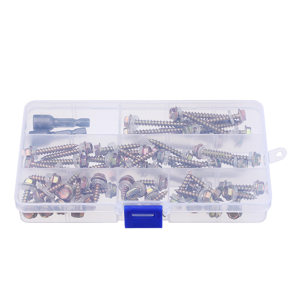 60Pcs M5 Colored Hex Drive Washer Head Screw 19-50mm Self Tapping Wood Bolt w/ 2Pcs Sockets Kit