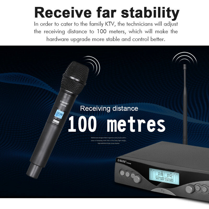 Wireless Microphone Dual channel UHF Automatic Handheld Frequency Adjustable 100M Receive