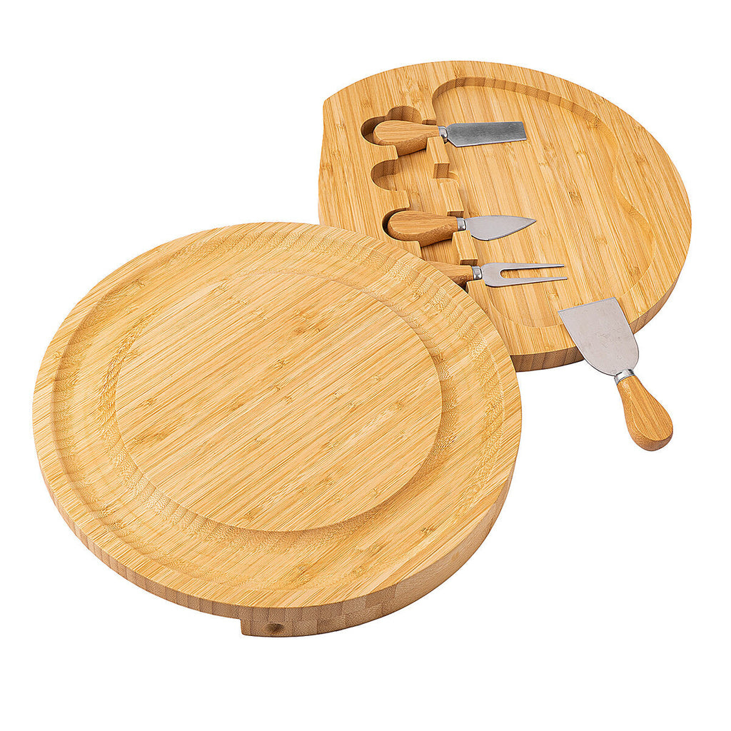 Cheese Cutting Board and Knife Set, Snack Tray Included 4 Stainless Steel Knife for Meat Wine & Cheese Bamboo Serving Tray