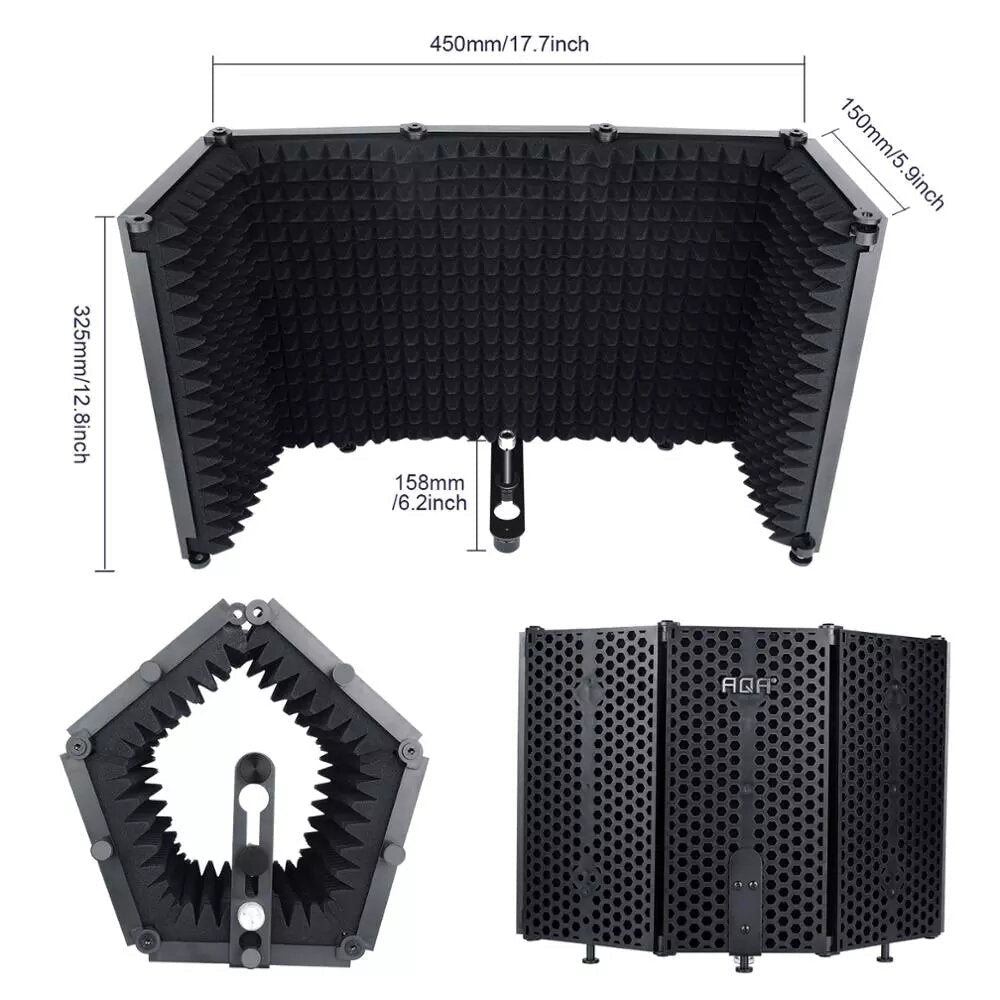 microphone Isolation Shield 5-Panel Wind Screen Foldable 3/8" and 5/8" Threaded High Density Absorbing Foam for Recording Studio
