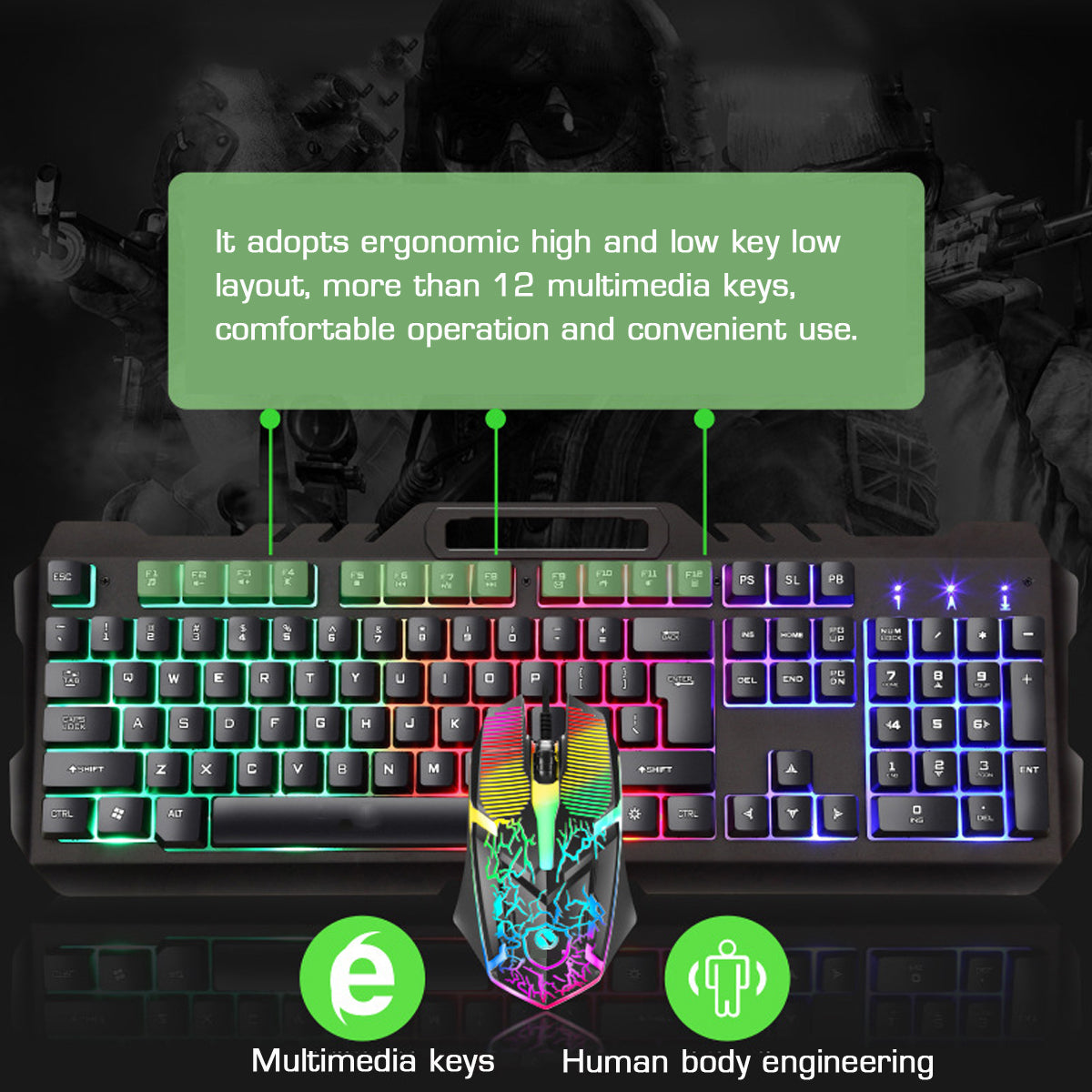 Wired Mechanical Keyboard & Mouse Set 104 Keys RGB Backlight Gaming Keyboard with Phone Holder 1600dpi Mouse