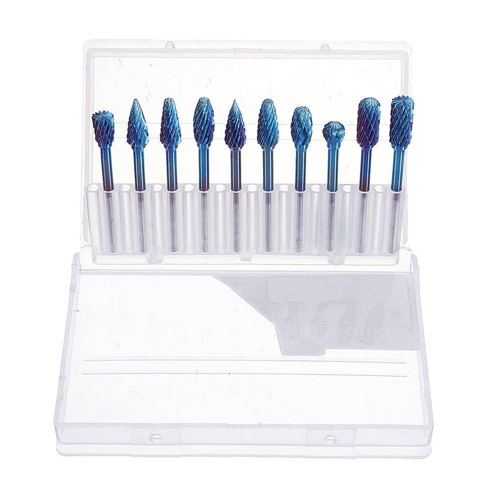 10Pcs 3mm Shank Blue Nano Tungsten Carbide Burrs 6mm Head Rotary File Set
