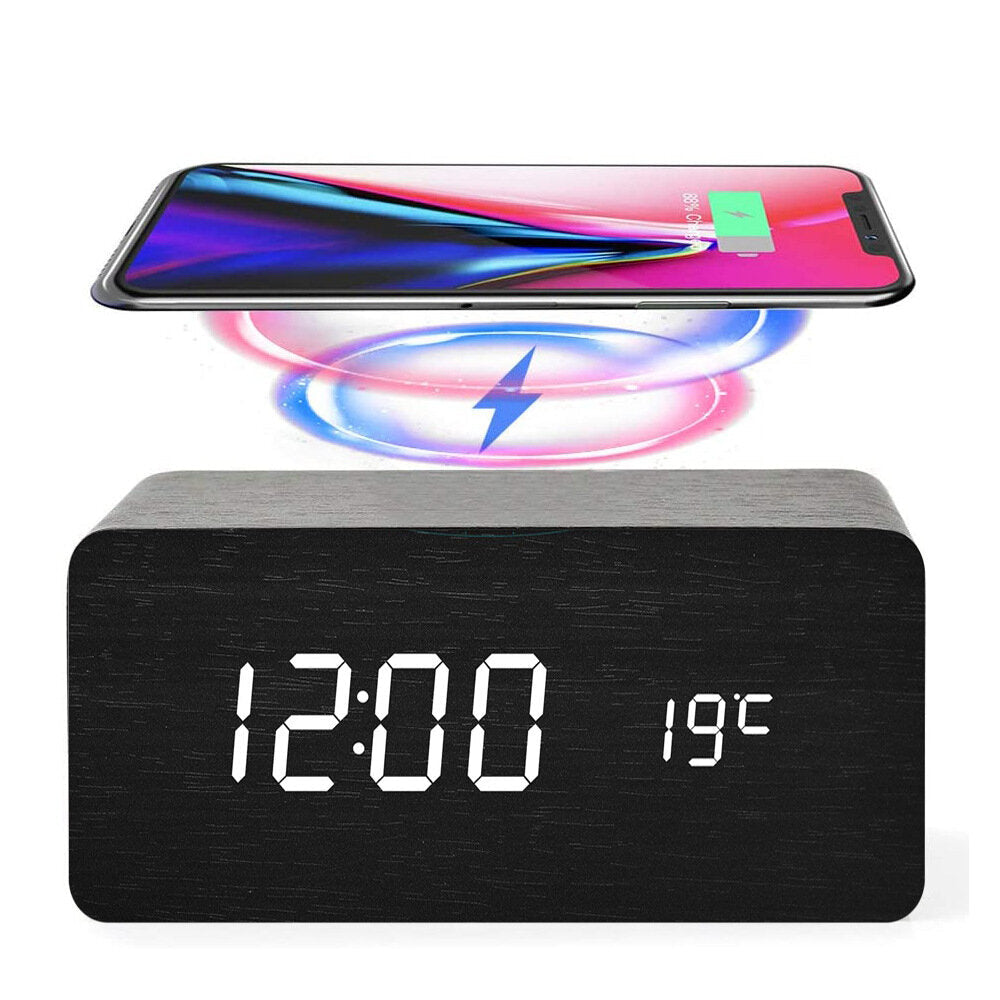LED Digital Alarm Clock Creative Multi-functional Wireless Charging Wooden Snooze Clock