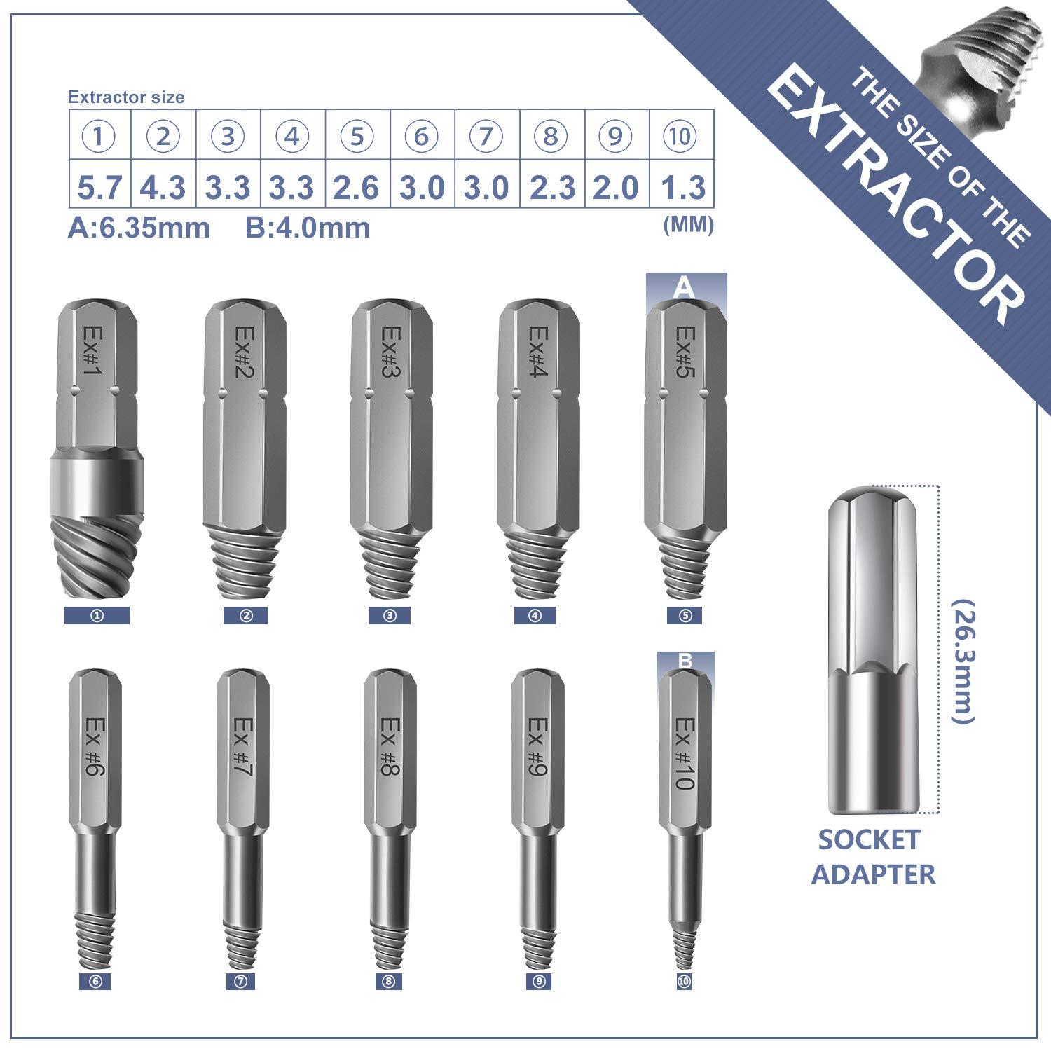 22pcs Damaged Screw Extractor Set with Locking Socket Adapter for Broken Screw HSS Broken Bolt Extractor Screw Remover Kits