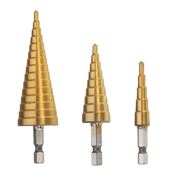 3Pcs 1/4 Inch Hex Shank HSS Titanium Coated Step Drill Bit Set 4-12/4-20/4-32mm in Pouch