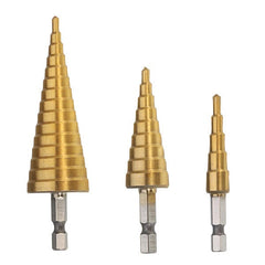 3Pcs 1/4 Inch Hex Shank HSS Titanium Coated Step Drill Bit Set 4-12/4-20/4-32mm in Pouch