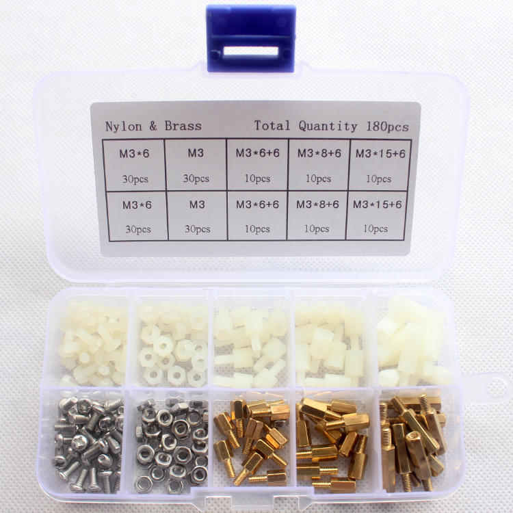 M3BN6 180Pcs M3 Nut Screw Standoff Set Nylon Stainless Steel Brass Hex Standoff Nut Screw Set Assortment Kit with Storage Box