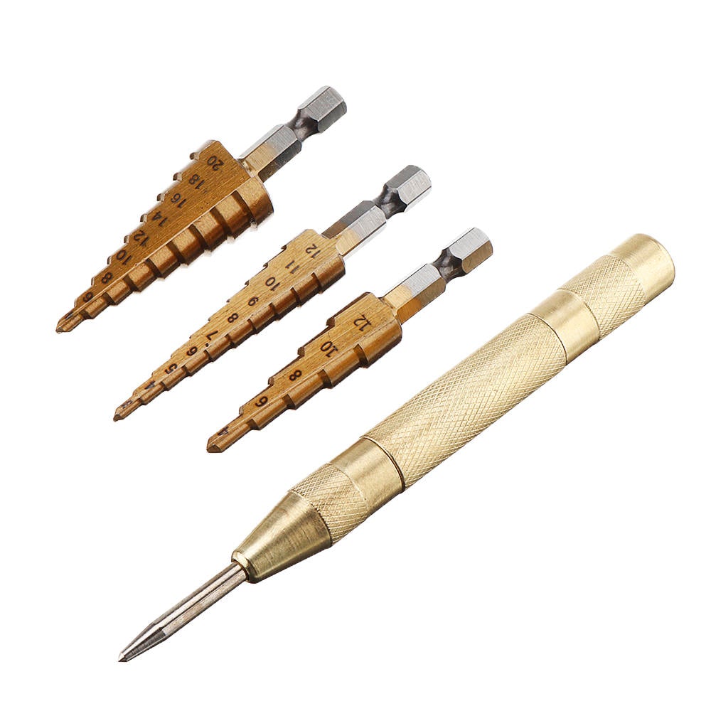 4pcs HSS Titanium Coated Step Drill Bit with Automatic Center Pin Punch 3-12/4-12/4-20mm Step Drill
