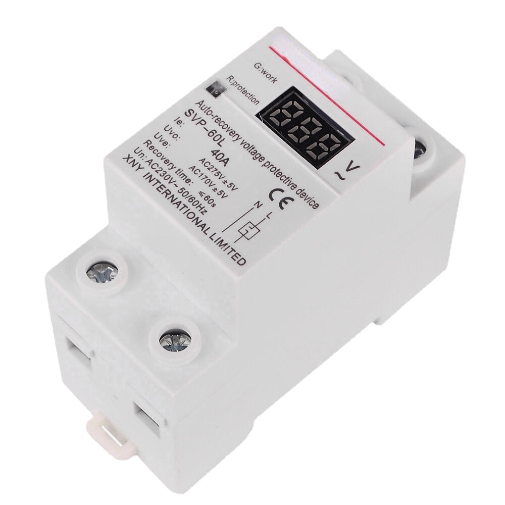 Digital Din Rail Automatic Recovery Over Under Voltage Protector with Voltmeter Display,230V AC 40A