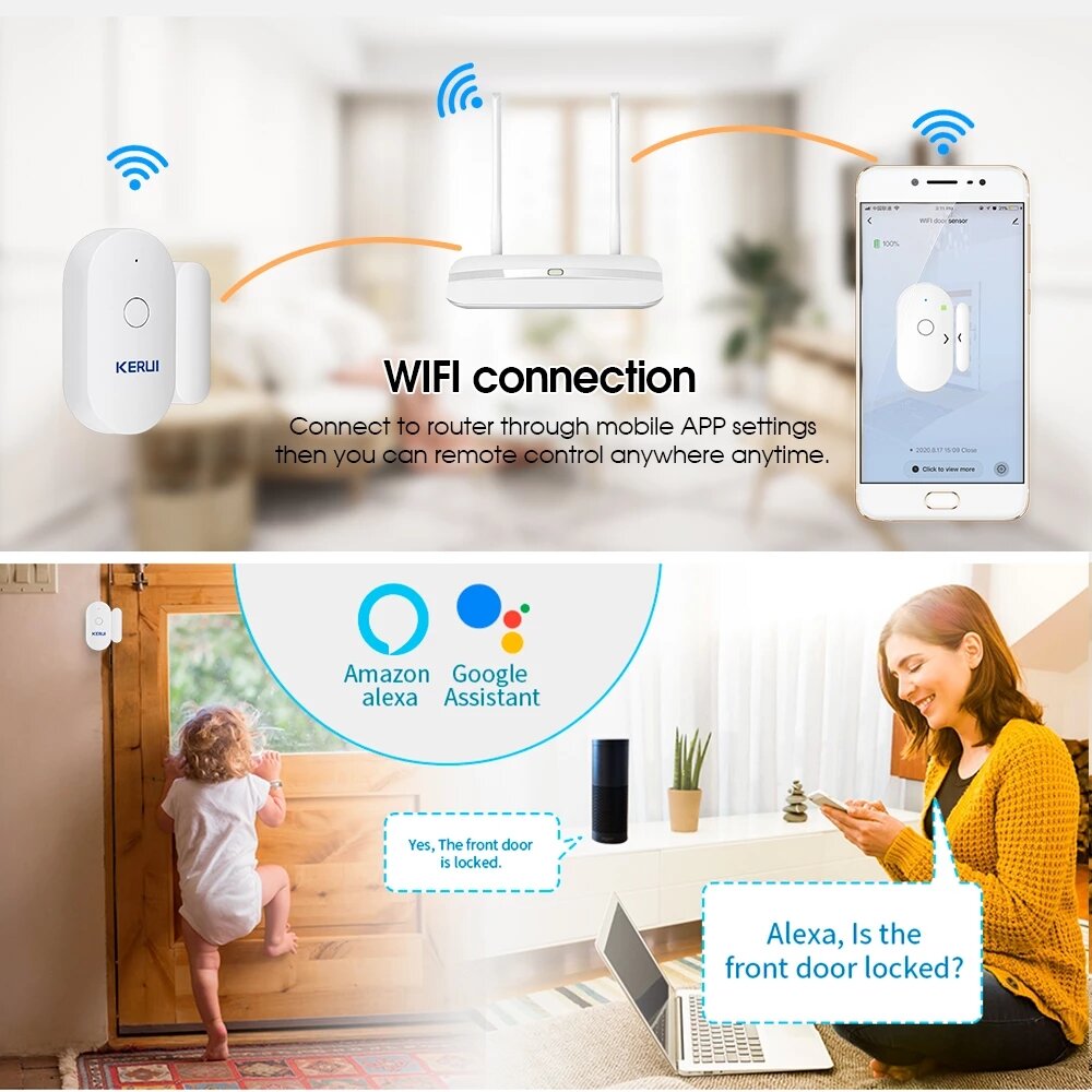 Smart WiFi Door Sensor Alarm Window Open /Closed Detector Magnetic Switch APP Control Works with Alexa Google Home