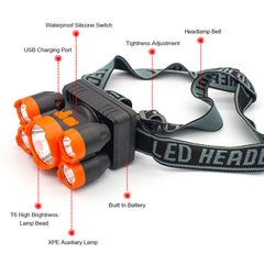 5LEDs T6+4XPE LED Headlamp Cycling Headlight 4-Modes Fishing Lanterna Outdoor Camping Waterproof Head Torch Lamp