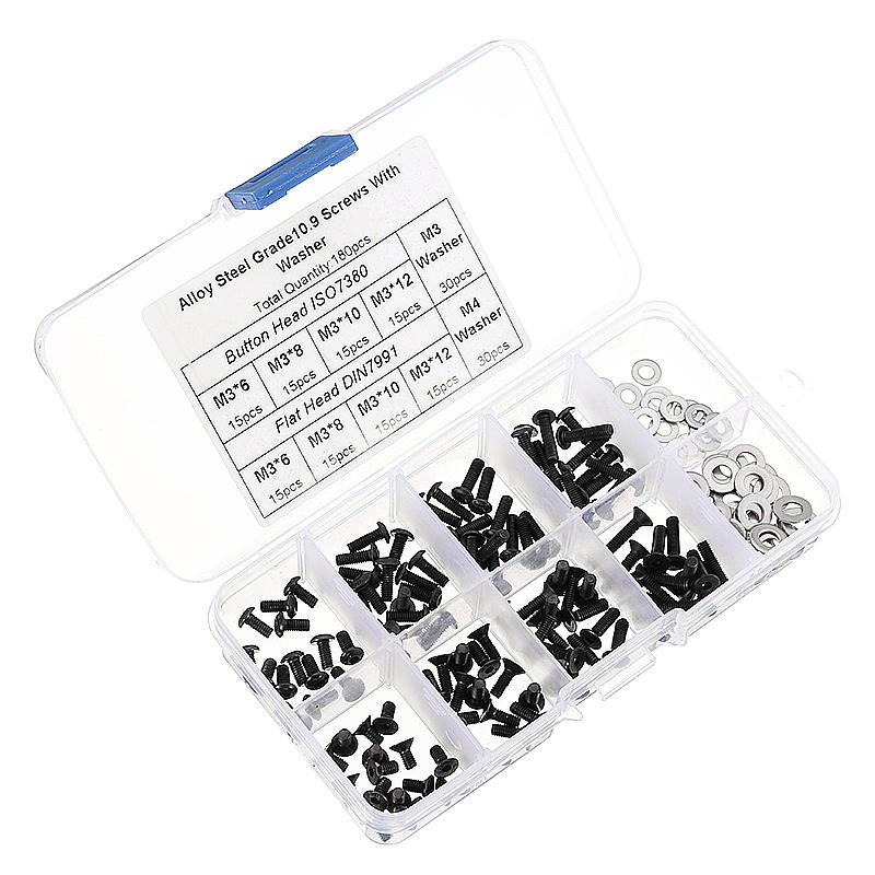 M3CH8 M3 Carbon Steel Hex Socket Flat Head Button Head Screws Flat Washers Assortment 180pcs