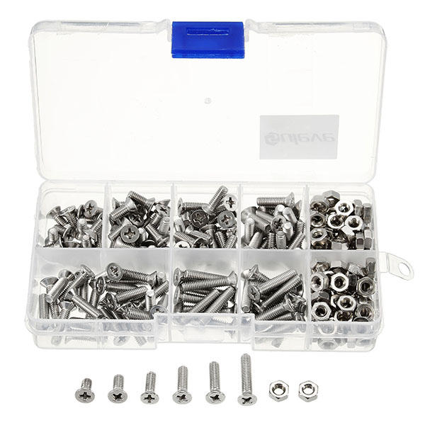 M4SP2 M4 Stainless Steel Phillips Flat Head Screws Bolts Nuts Assortment Kit 250Pcs