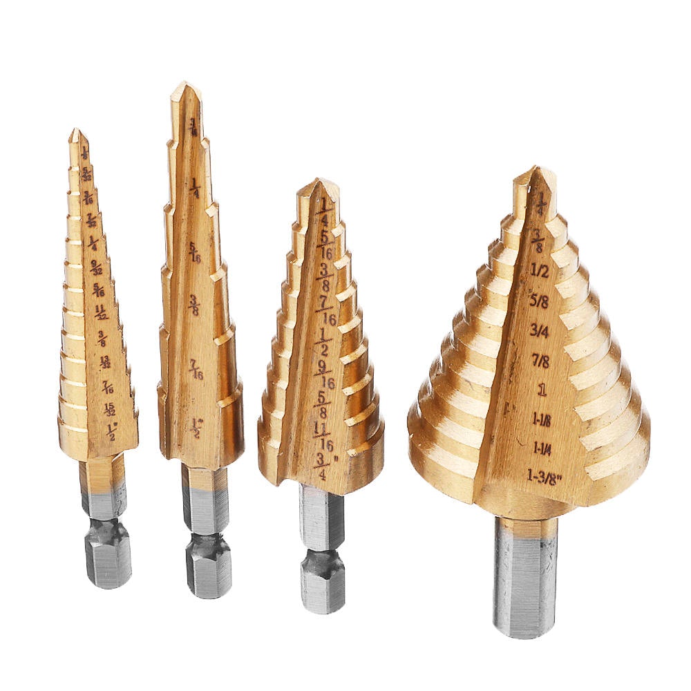 4Pcs High Speed Steel Titanium Coated Step Drill Bit 1/4 Hex Shank HSS