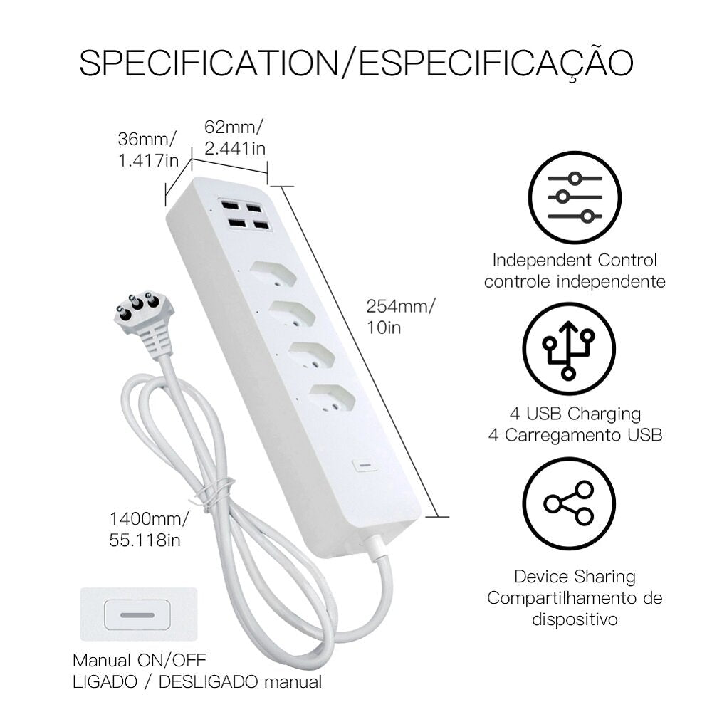 Smart Wifi Brazil Standard Socket 4 Outlets + 4 USB Charging Port App Remote Control Works with Alexa Google Home,110-240V