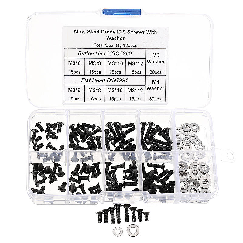 M3CH8 M3 Carbon Steel Hex Socket Flat Head Button Head Screws Flat Washers Assortment 180pcs