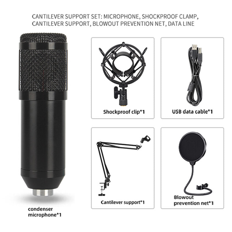 Adjustable Studio Mic USB Condenser Sound Recording Microphone With Stand for Live Broadcast Podcasting