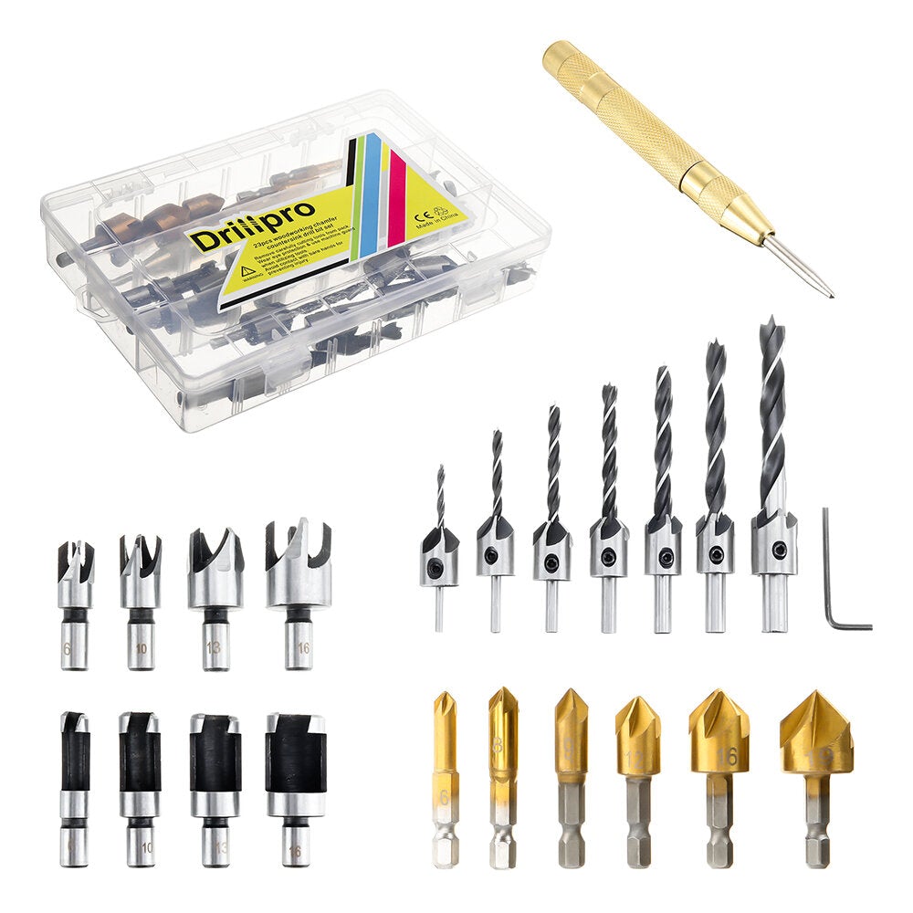 23pcs Chamfering Countersunk Drill Bit Set 5 Flute Chamfering Drill Wood Plug Cutter Automatic Center Punch Drill