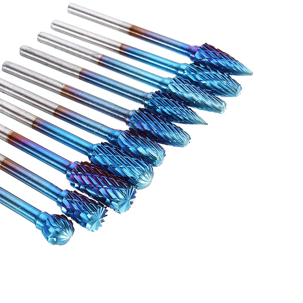10Pcs 3mm Shank Blue Nano Tungsten Carbide Burrs 6mm Head Rotary File Set