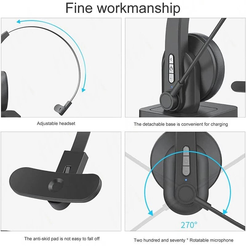 Single Ear Headset Bluetooth Headphone Noise Cancelling Head-mounted Headphone with Microphone for Cell Phones PC Tablet