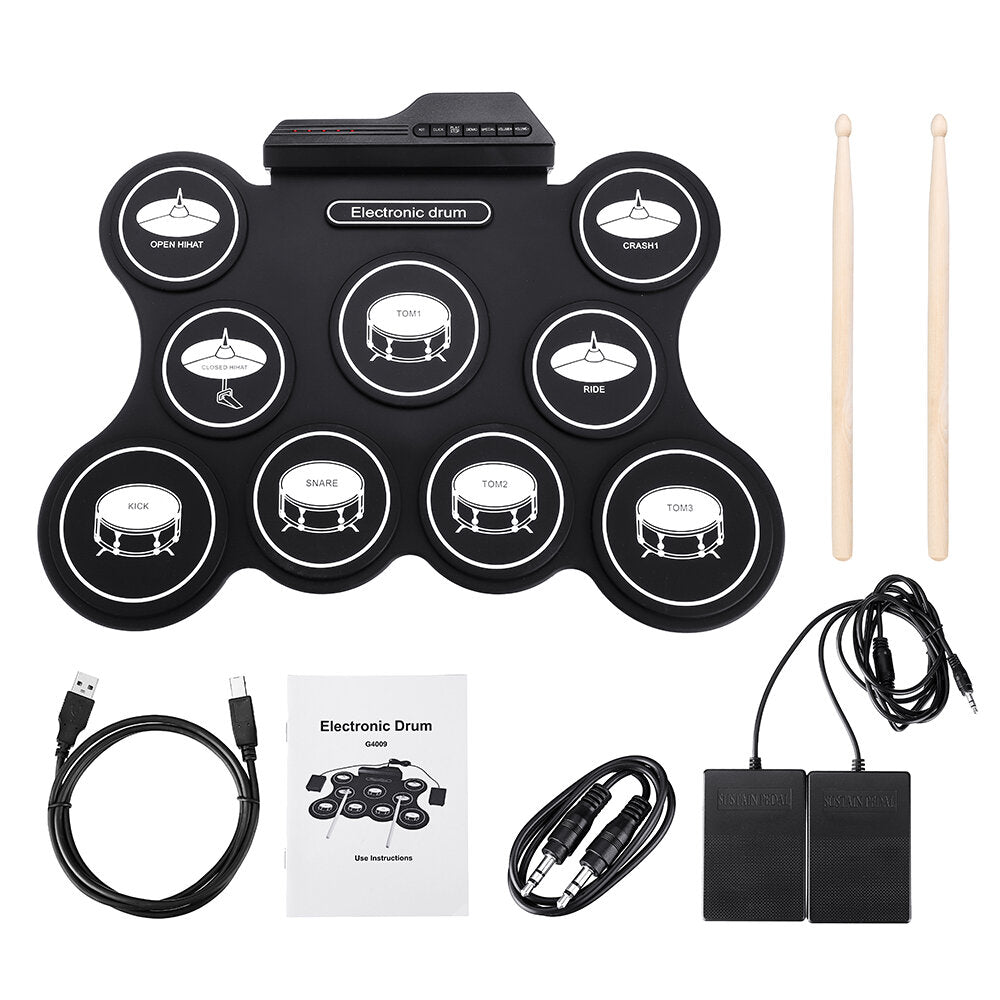 9 Pads Electronic Drum Portable Roll Up Drum Kit USB MIDI Drum with Drumsticks Foot Pedal for Beginners