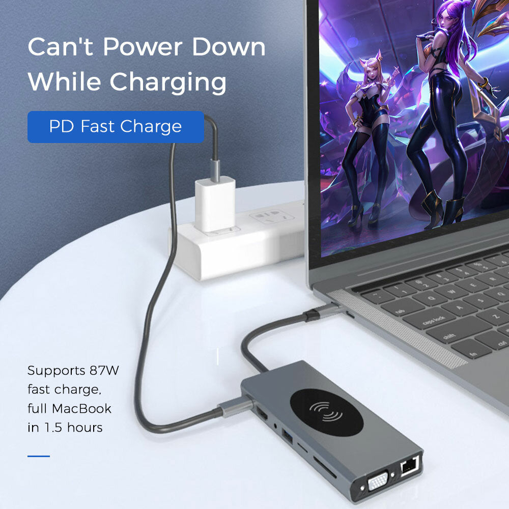14 In 1 Triple Display USB-C Hub Docking Station Adapter With 5 * USB 3.0 10W Wireless Charger 100W Type-C PD Dual HDMI 4K HD Display VGA
