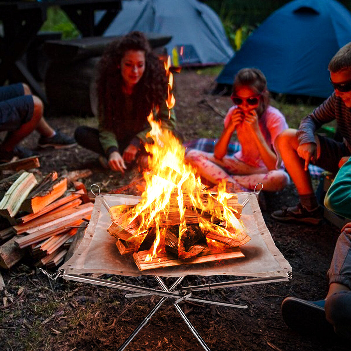 42x42x32cm Portable Fire Pit Outdoor Camping Small Size Collapsing Steel Mesh Fireplace Foldable Camping Backyard Beach Wood Burning Barbecue