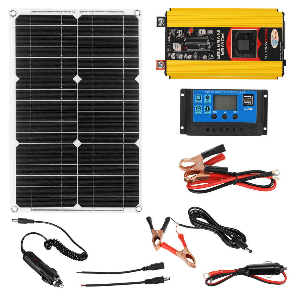 6000W AC Modified Sine Wave Inverter 20W 12V~220V Solar Panel Kit Battery Charger for Car Boat Van