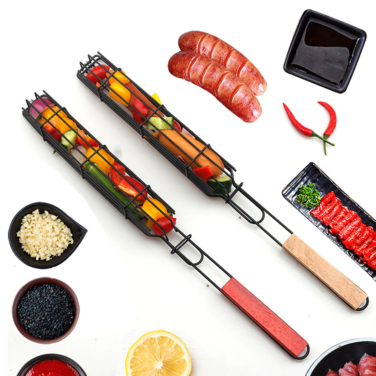 Barbecue Grilling Basket Kabobs Skewers Rack Hot Dog Sausage Rotisserie BBQ Tool