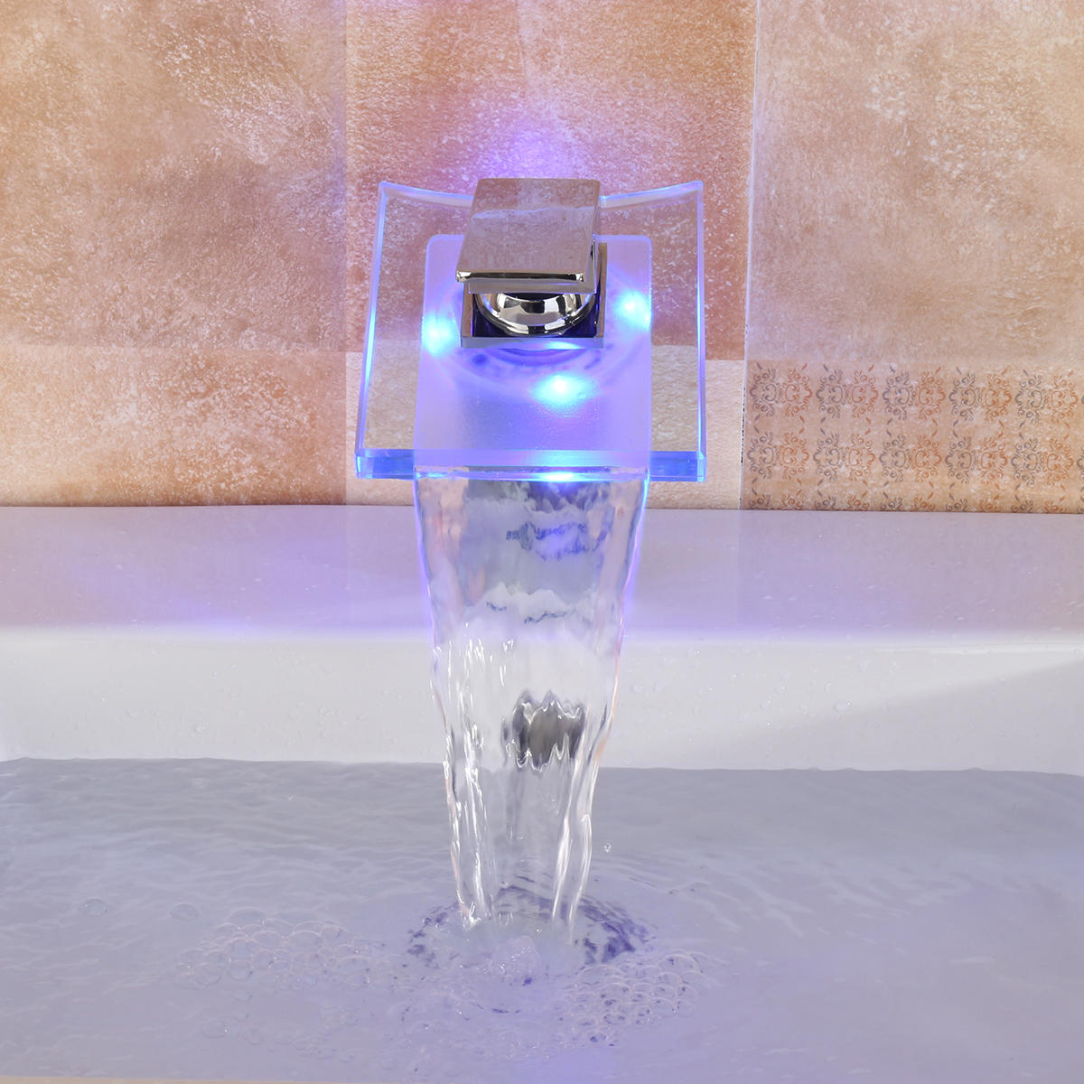 LED Color Changing Waterfall Faucet Bathroom Sink Glass Basin Bathtub Mixer Tap