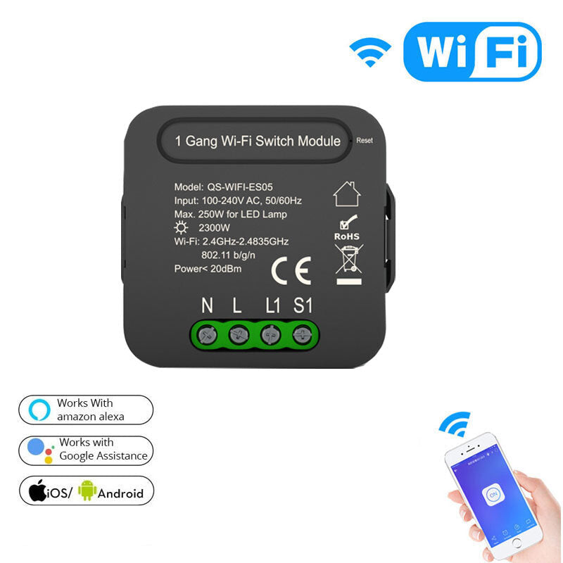 Smart WiFi Switch Relay 1 Gang 2 Way Wireless Remote Ctonrol Light Switch Module Compatible Alexa Google Home