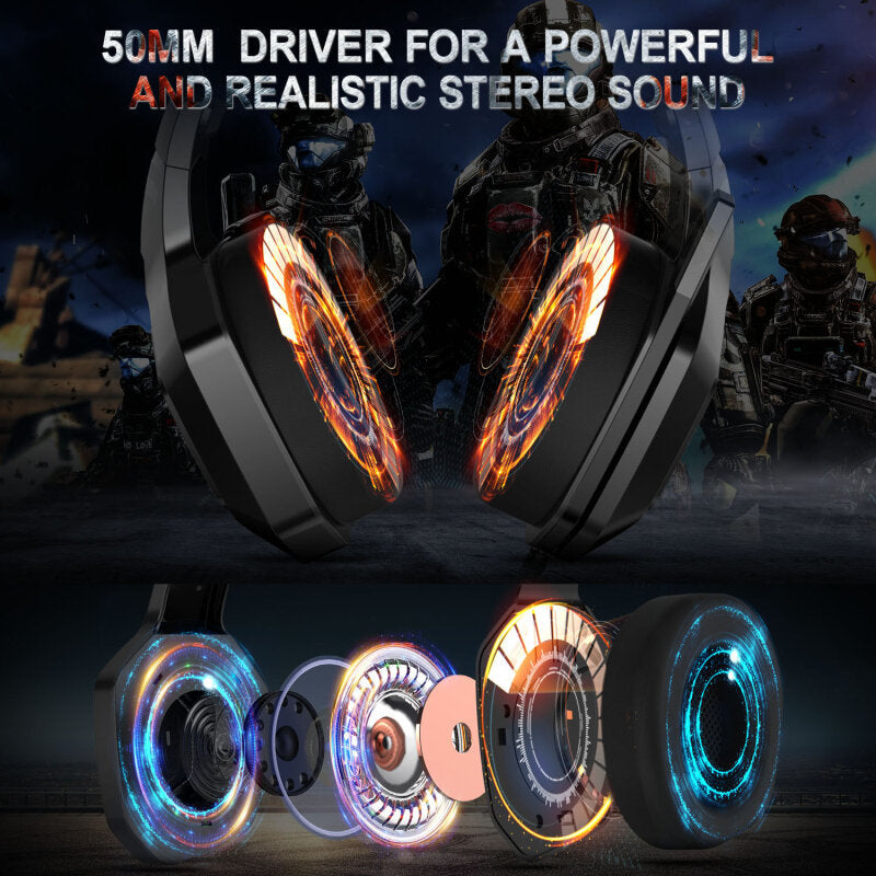Gaming Headphones 50mm Drivers Unit Noise Reduction RGB Light Wired Headset with Mic