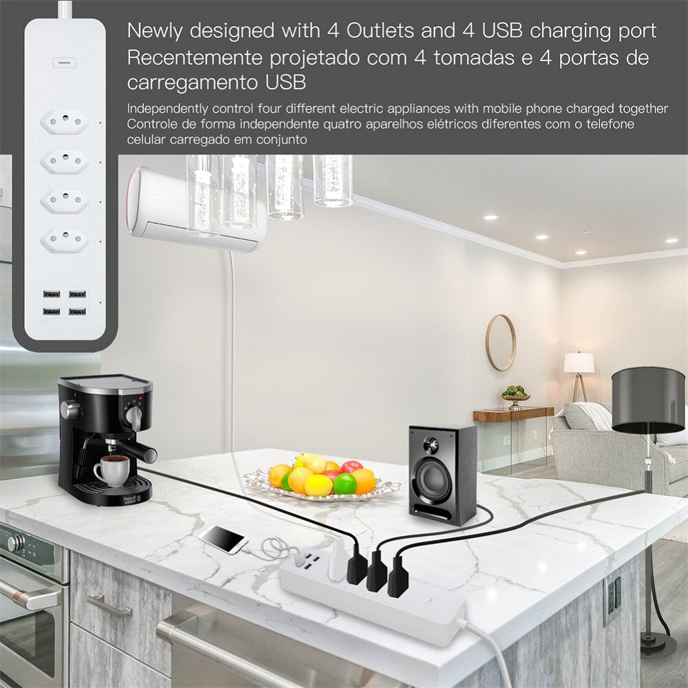Smart Wifi Brazil Standard Socket 4 Outlets + 4 USB Charging Port App Remote Control Works with Alexa Google Home,110-240V