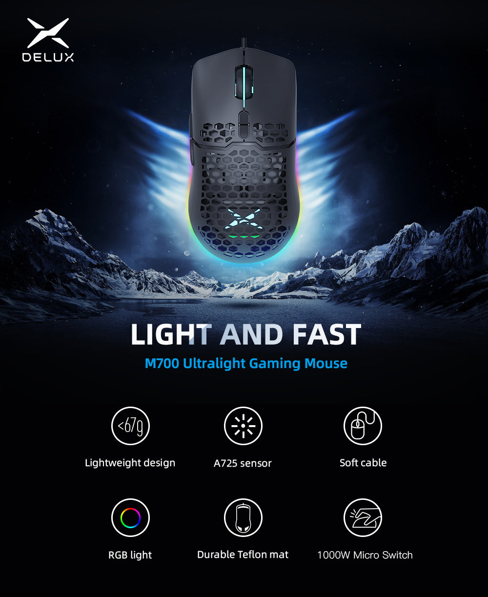 RGB Gaming Mouse USB Wired Lightweight Honeycomb Shell 7200DPI Ergonomic Mice with Soft Rope Cable For PC Laptop