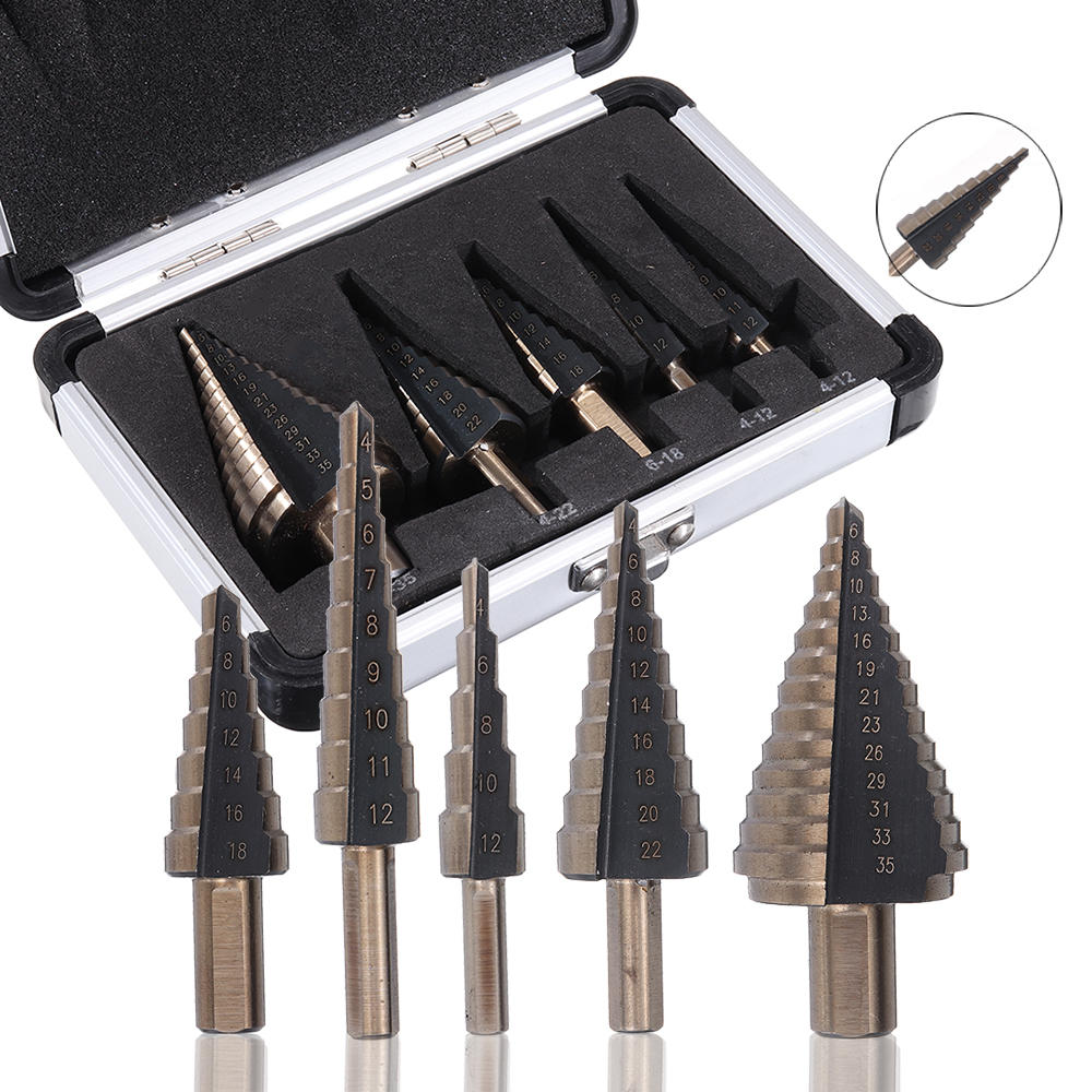 5pcs 4-35mm HSS Step Drill Bit Set Multiple Hole Metric Size with Aluminum Case