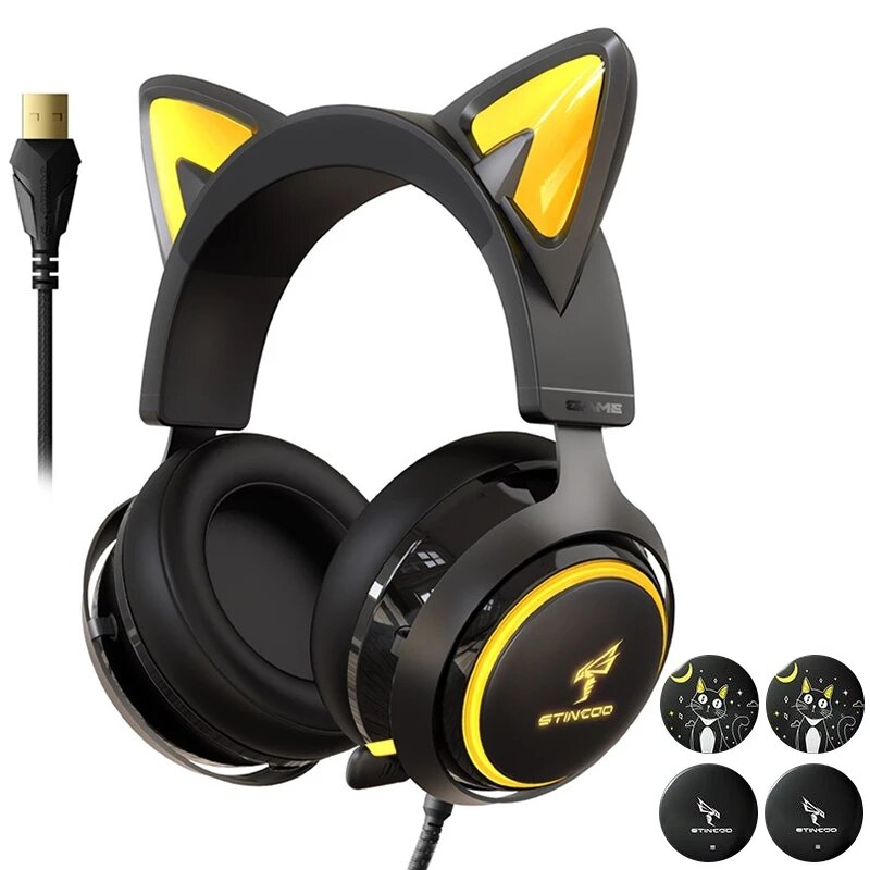 Gaming Headset USB 7.1 RGB Lights 3 Modes With 4 Covers Retractable Mic for Games/Video/Live
