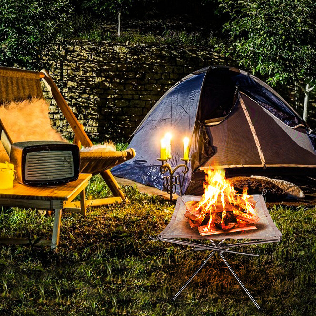 42x42x32cm Portable Fire Pit Outdoor Camping Small Size Collapsing Steel Mesh Fireplace Foldable Camping Backyard Beach Wood Burning Barbecue