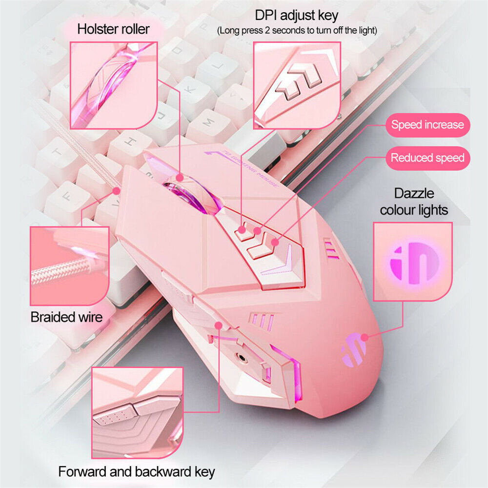 Wired Gaming Mouse Pink/ Black Gaming Mouse 7 Programmable Buttons Silent Click 4 Levels Adjustable DPI Mice for PC Laptop