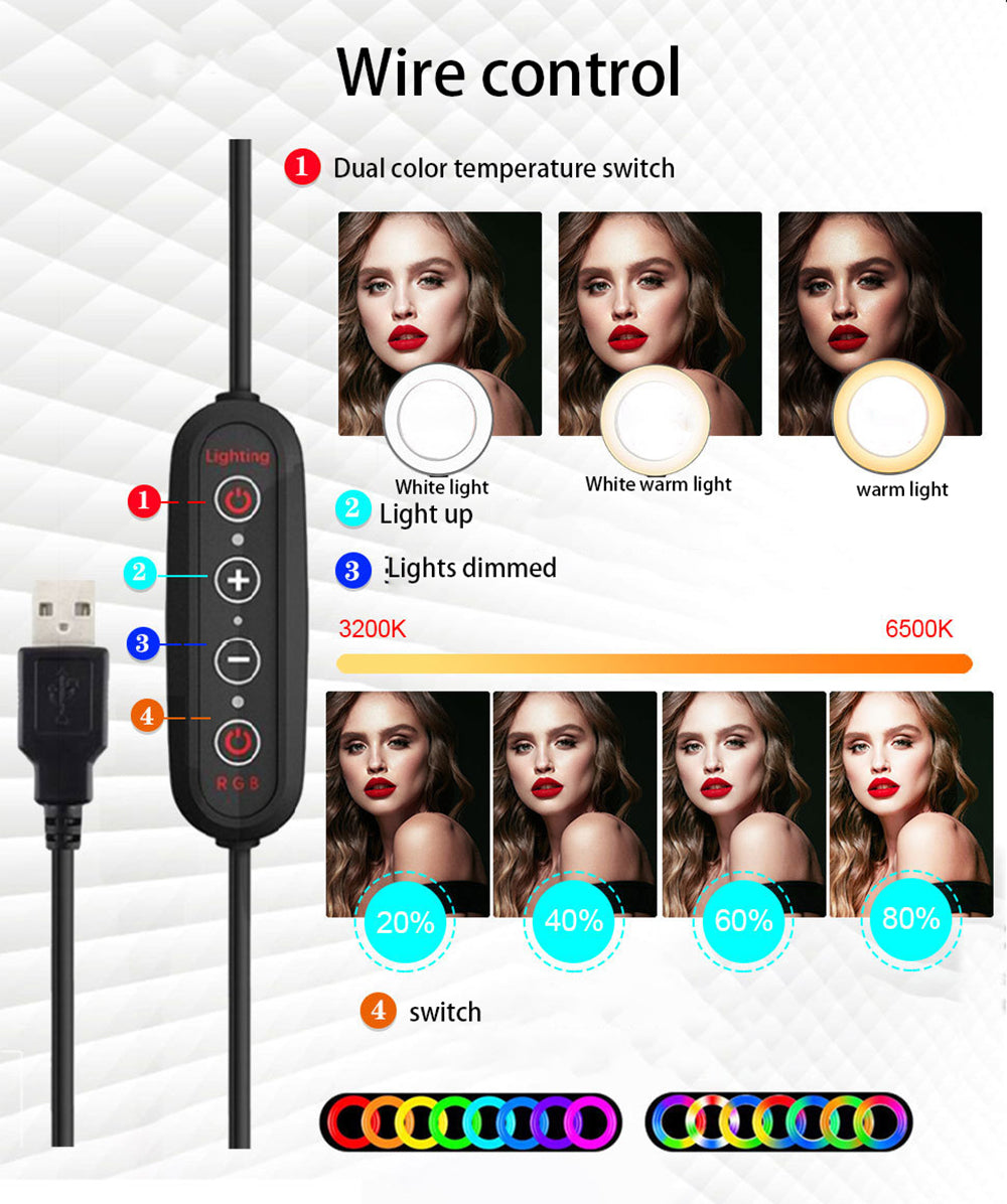 10inch RGB LED Ring Light Dimmable Selfie Ring Lamp Three Kinds of Color Temperature for Computer Live With Tripod