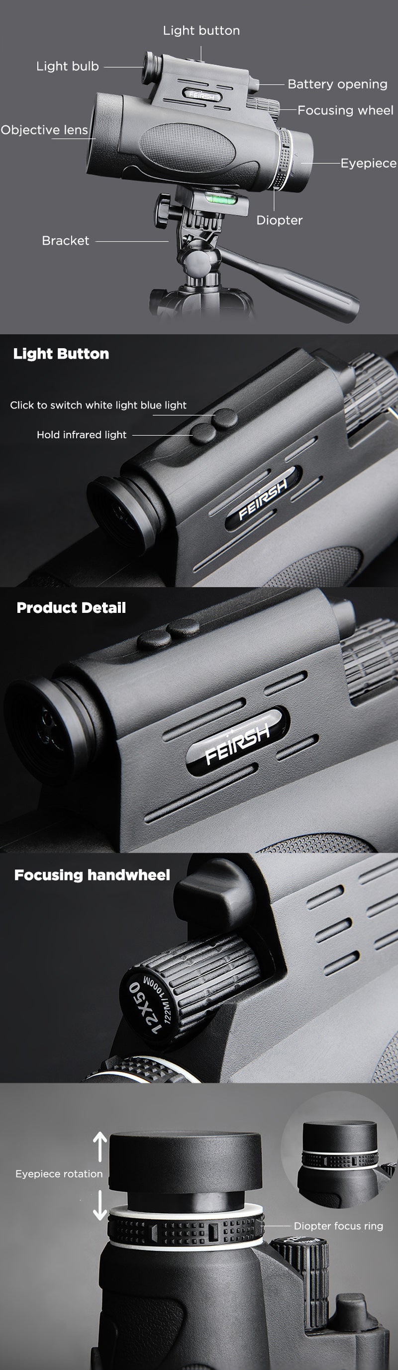 12x40 BAK4 Laser Light Monocular Night Version Flashlight Monocular FMC