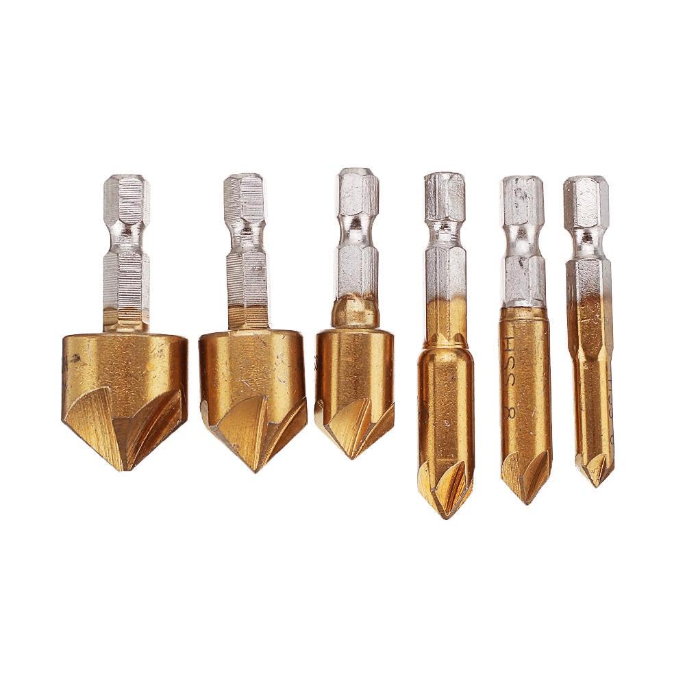 6-19mm Countersink Drill Bit with Automatic Center Pin Punch 5 Flutes Hex Shank Titanium Coated Chamfer Cutter Set