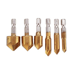 6-19mm Countersink Drill Bit with Automatic Center Pin Punch 5 Flutes Hex Shank Titanium Coated Chamfer Cutter Set