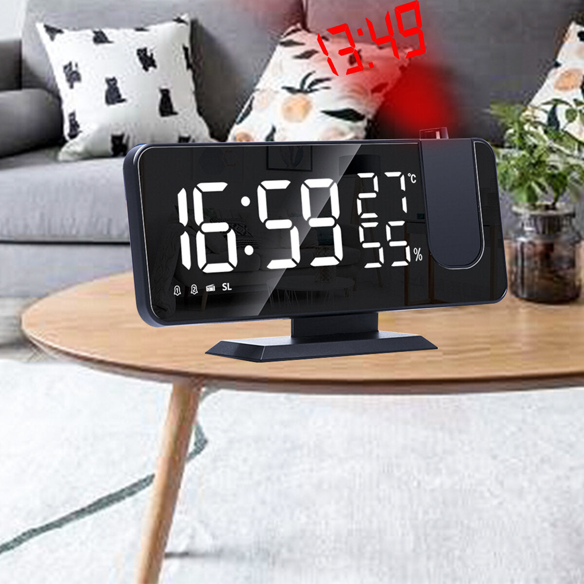 LED Digital Alarm Clock FM Radio HD Time Projection Mirror Clocks Snooze Function Temperature Humidity Display Electronic Clock Time Clock