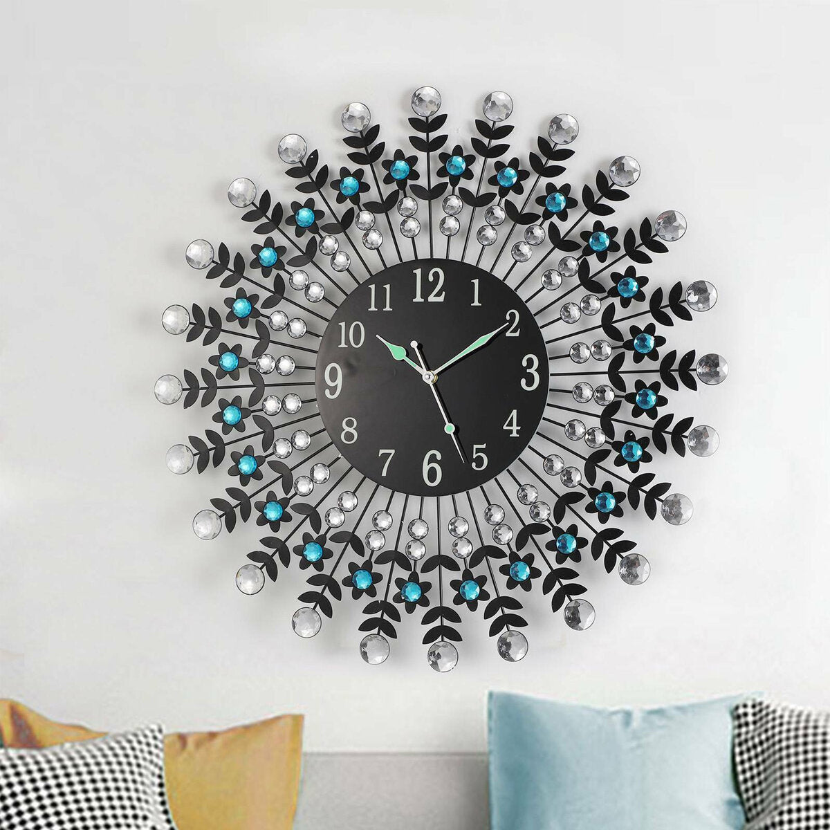 Large Modern 3D Crystal Wall Clock Luxury Round Dial Black Drops Home Office