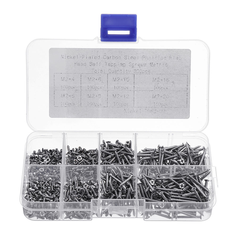800pcs M2 Phillips Screw Flat Head Nickel-Plated Carbon Steel Self-Tapping Woodworking Screws Assortment Kit