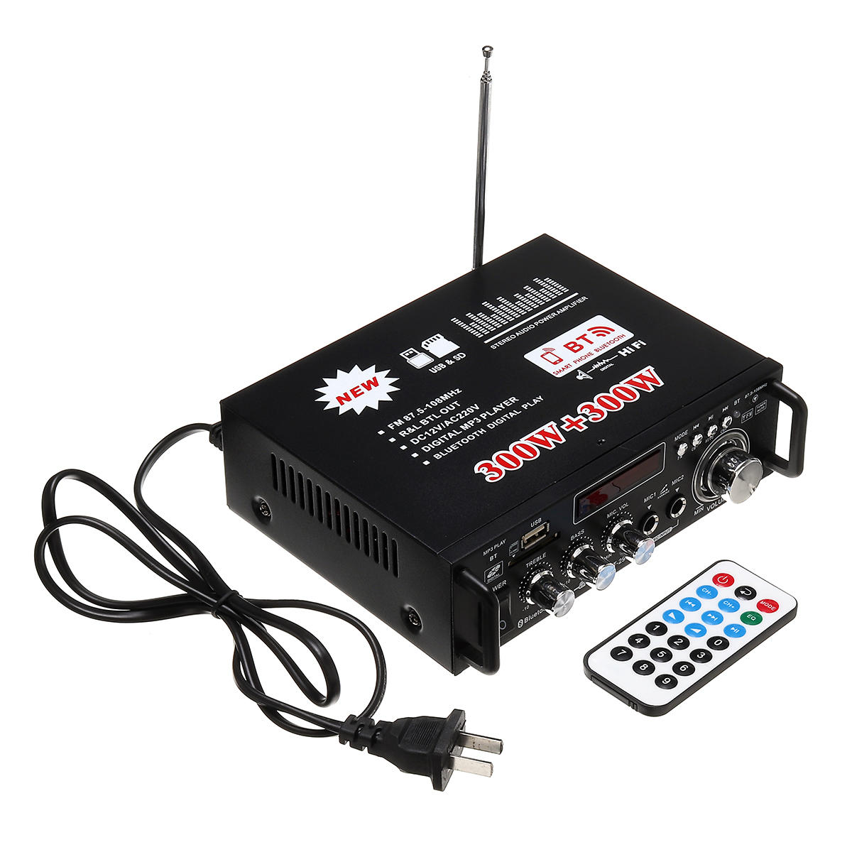 HIFI 220V 12V CH2.0 Home Car Amplifier Bluetooth Signal to Noise Ratio 90BP With Remote Control