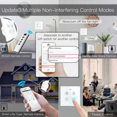 WiFi RF Smart Ceiling Fan Light Switch 2/3 Way Control Smart Life/Tuya APP RF Remote Speed Control Work with Alexa Google Home
